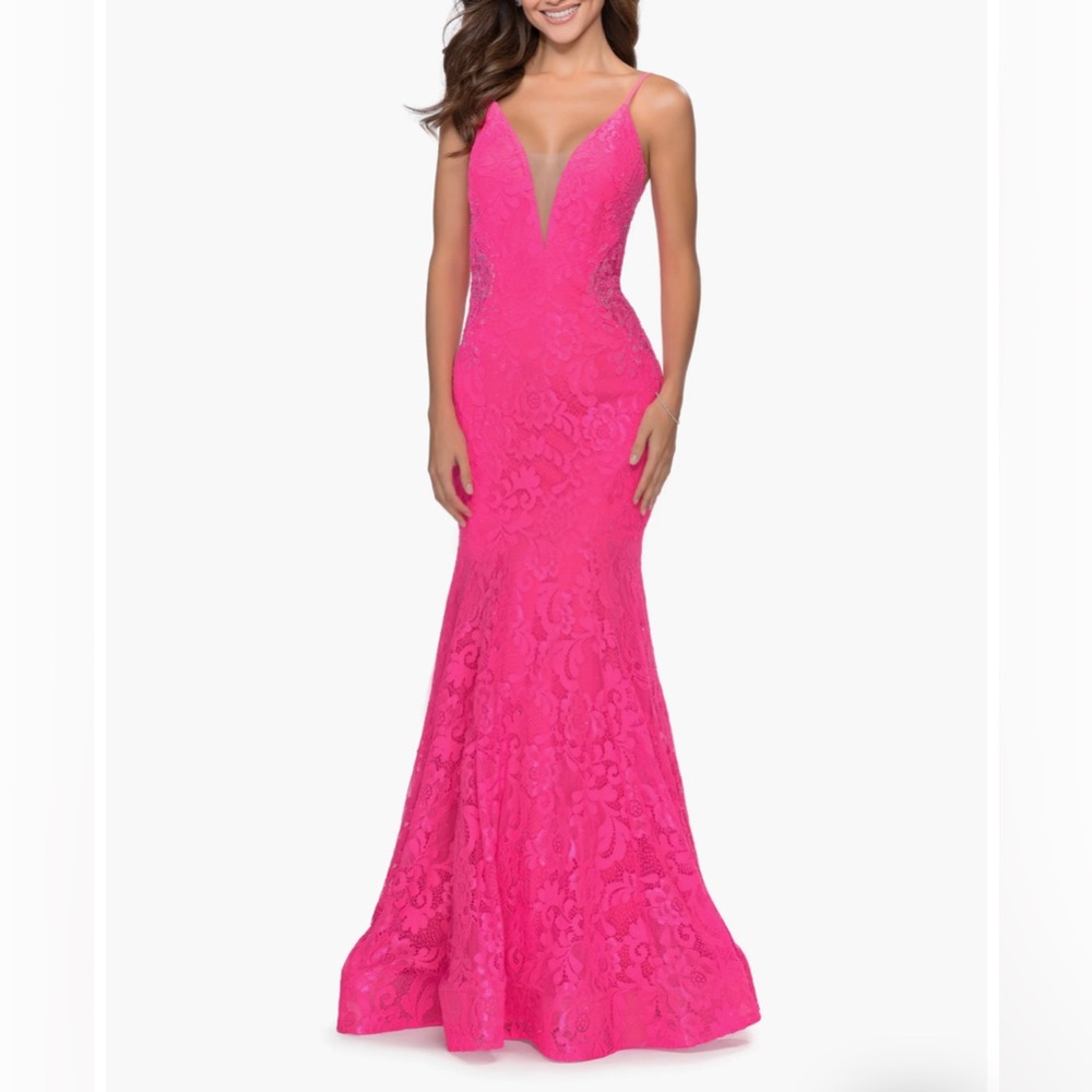 La Femme Sleeveless Lace Mermaid Gown in Neon Pink